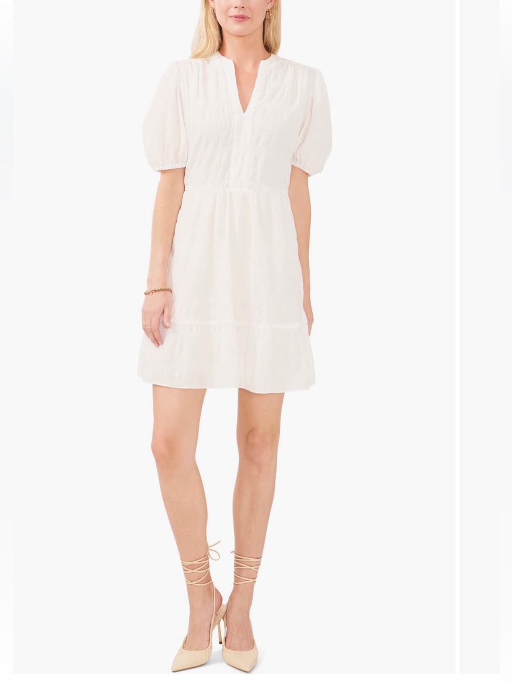 Vince Camuto Ivory V-Neck Short Puff Sleeve Ruffle Dress